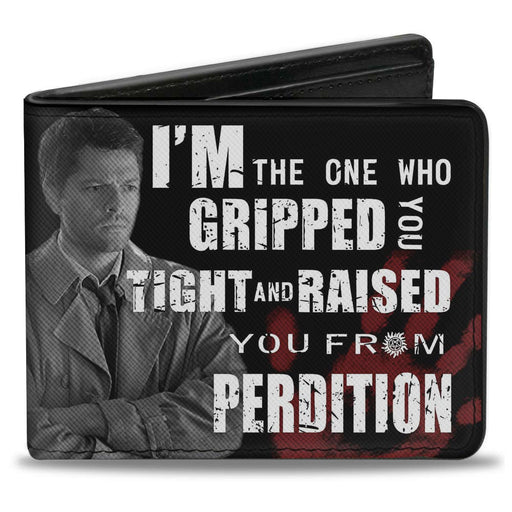 Bi-Fold Wallet - Castiel Pose I'M THE ONE WHO GRIPPED YOU TIGHT AND RAISED YOU FROM PERDITION + SUPERNATURAL Black Grays Red White Bi-Fold Wallets Supernatural   