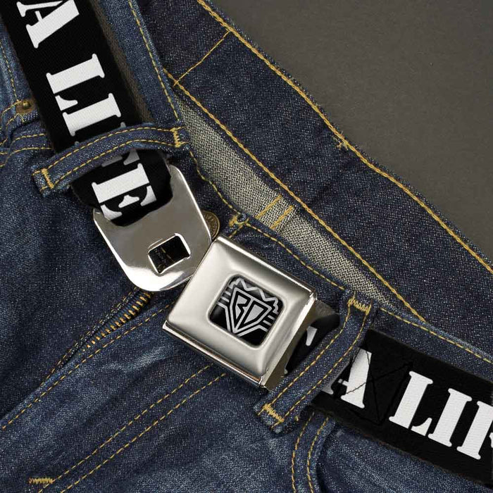 BD Wings Logo CLOSE-UP Full Color Black Silver Seatbelt Belt - GET A LIFE! Black/White Webbing Seatbelt Belts Buckle-Down   