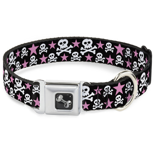 Dog Bone Seatbelt Buckle Collar - Skulls & Stars Black/White/Pink Seatbelt Buckle Collars Buckle-Down   