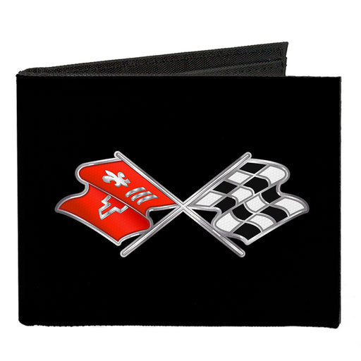 Canvas Bi-Fold Wallet - Corvette C3 Crossed Flags Logo Black Canvas Bi-Fold Wallets GM General Motors   