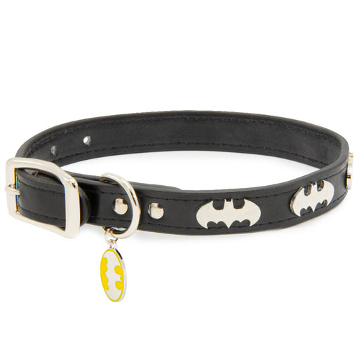 Vegan Leather Dog Collar - Batman Black with Bat Signal Embellishments & Metal Charm Imported PU Collars DC Comics   