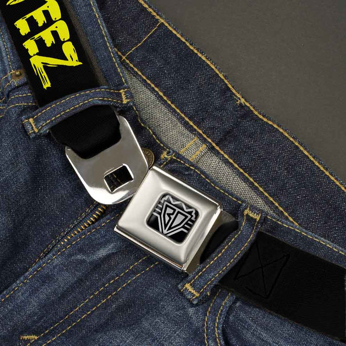 BD Wings Logo CLOSE-UP Full Color Black Silver Seatbelt Belt - STEEZ Brushed Black/Yellow Webbing Seatbelt Belts Buckle-Down   