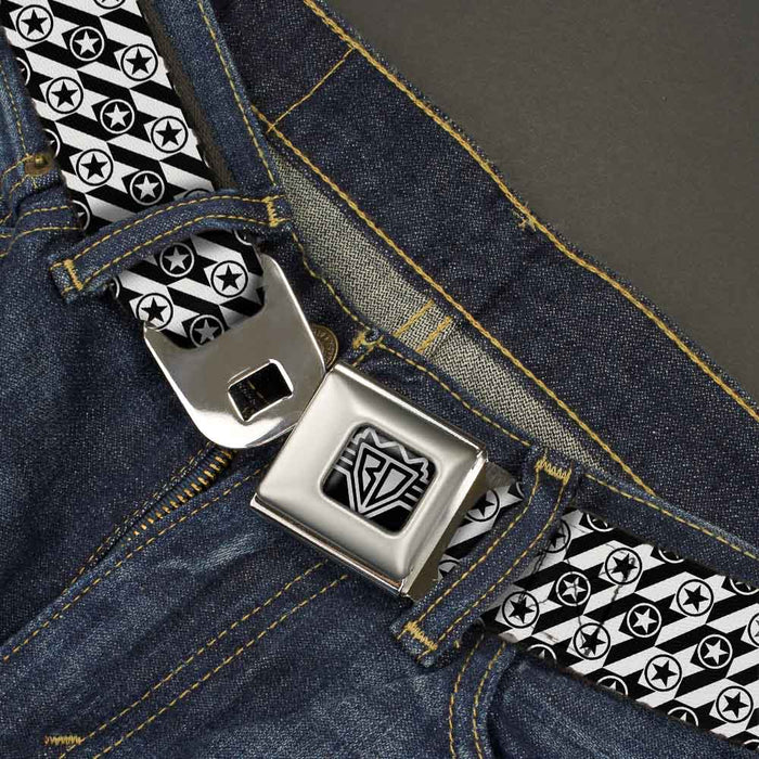 BD Wings Logo CLOSE-UP Full Color Black Silver Seatbelt Belt - Houndstooth Star Black/White Webbing Seatbelt Belts Buckle-Down   