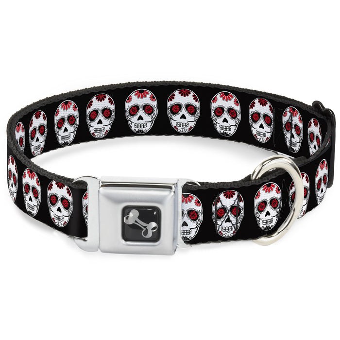 Dog Bone Seatbelt Buckle Collar - Sugar Skulls Black/White/Red Seatbelt Buckle Collars Buckle-Down   