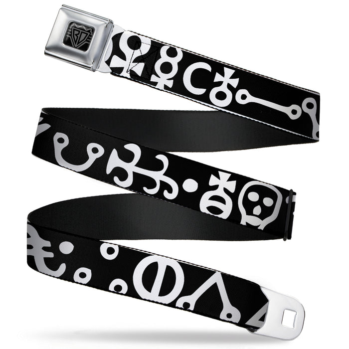 BD Wings Logo CLOSE-UP Full Color Black Silver Seatbelt Belt - Alchemy Symbols CLOSE-UP Black/White Webbing Seatbelt Belts Buckle-Down   