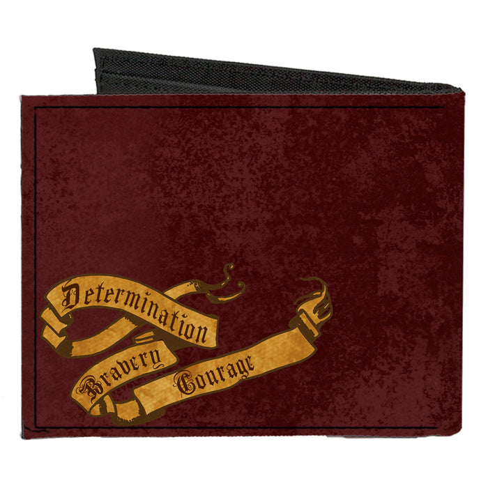 Canvas Bi-Fold Wallet - GRYFFINDOR Lion Crest + DETERMINATION BRAVERY COURAGE Banner Burgundy Reds Golds Canvas Bi-Fold Wallets The Wizarding World of Harry Potter   
