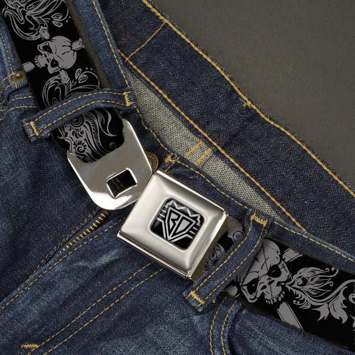 BD Wings Logo CLOSE-UP Full Color Black Silver Seatbelt Belt - Skull & Dagger w/Filigree Black/Gray Webbing Seatbelt Belts Buckle-Down   