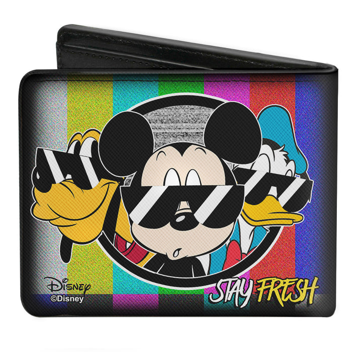 Bi-Fold Wallet - Pluto Mickey Mouse Donald Duck STAY FRESH Group Pose Multi Color Television Bars Bi-Fold Wallets Disney   
