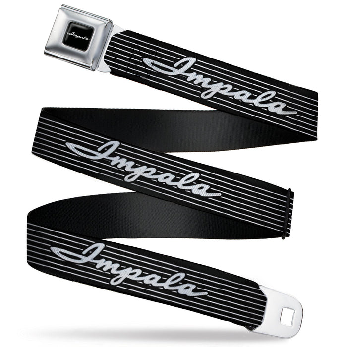 1962 IMPALA Script Emblem Full Color Black Silver Seatbelt Belt - 1962 IMPALA Script Emblem/Stripe Black/White/Silver Webbing Seatbelt Belts GM General Motors   