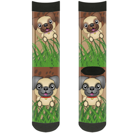 Sock Pair - Polyester - Pug Puppies Paw Prints Browns Greens - CREW Socks Buckle-Down   