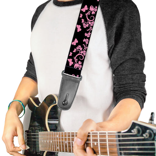 Guitar Strap - Butterfly Garden Black Pink Guitar Straps Buckle-Down   