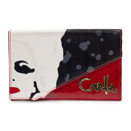 Triangle Fold Over Wallet - Cruella Face Close-Up with Metal Script and Polka Dot Clutch Snap Closure Wallets Disney   