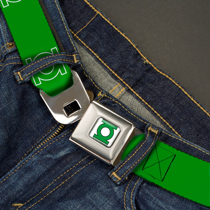 Green Lantern Logo CLOSE-UP White Green Seatbelt Belt - Green Lantern Logo Green/White Webbing Seatbelt Belts DC Comics   