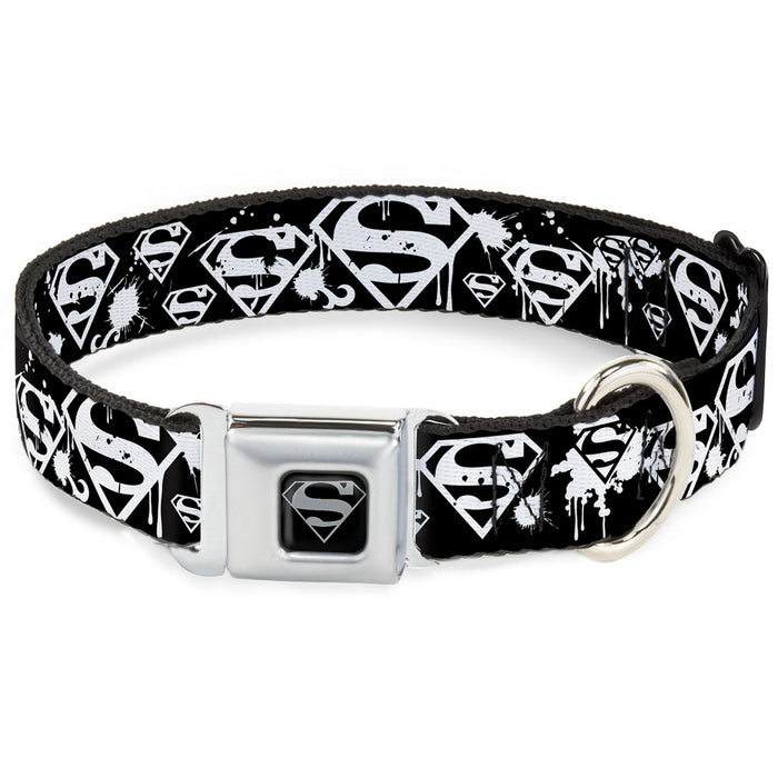 Superman Black Silver Seatbelt Buckle Collar - Superman Shield Splatter Black/White Seatbelt Buckle Collars DC Comics   