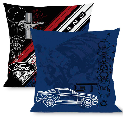 Pillow - THROW - Mustang GT Blueprint Blue White + Mustang Tri-Bar Logo Diagonal Stripe Blueprint Black Red White Blue Throw Pillows Ford   