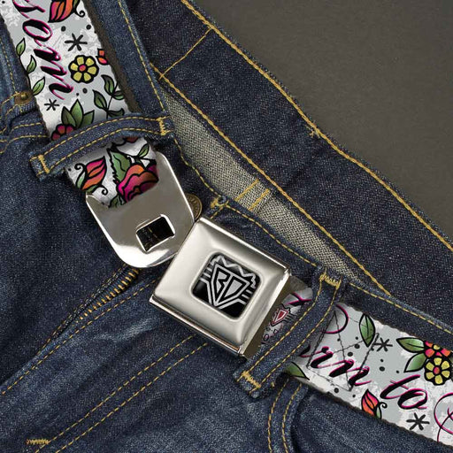 BD Wings Logo CLOSE-UP Full Color Black Silver Seatbelt Belt - Born to Blossom White Webbing Seatbelt Belts Buckle-Down   