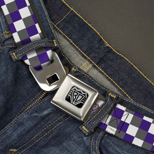 BD Wings Logo CLOSE-UP Full Color Black Silver Seatbelt Belt - Checker Gray/Purple/White Webbing Seatbelt Belts Buckle-Down   