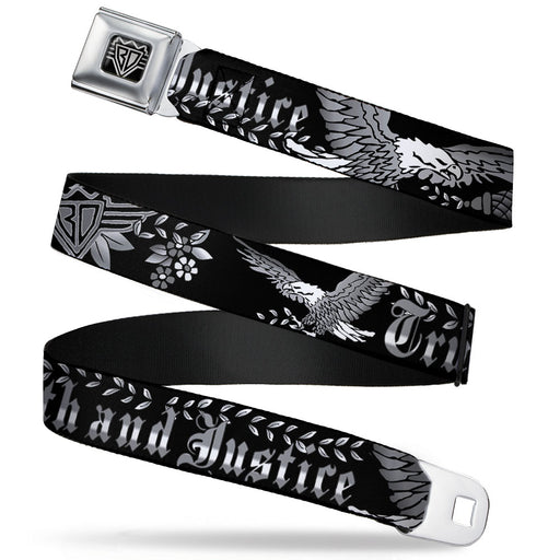 BD Wings Logo CLOSE-UP Full Color Black Silver Seatbelt Belt - Truth and Justice Black/White Webbing Seatbelt Belts Buckle-Down   