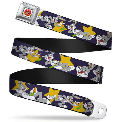 Looney Tunes Logo Full Color White Seatbelt Belt - Bugs Bunny Poses/Stars Navy Webbing Seatbelt Belts Looney Tunes   