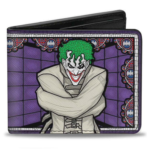 Bi-Fold Wallet - Joker Stained Glass Straitjacket Pose Bat Logo Purples Red Blue White Bi-Fold Wallets DC Comics   