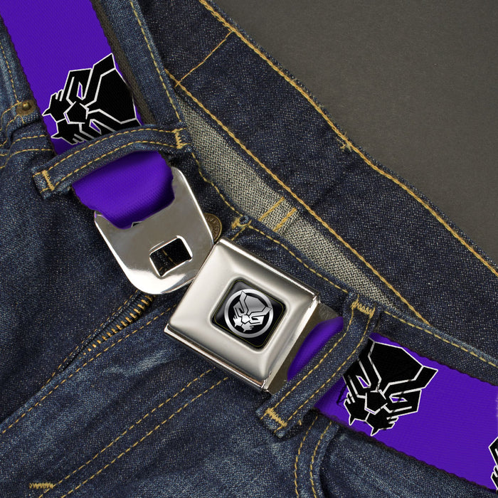 Black Panther Avengers Icon Black/Silver Seatbelt Belt - Black Panther Avengers Icon Purple/White/Black Webbing Seatbelt Belts Marvel Comics   