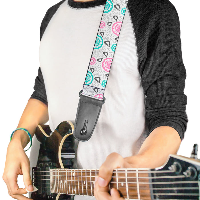 Guitar Strap - Bird Tapestry White Gray Turquoise Pink Guitar Straps Buckle-Down   