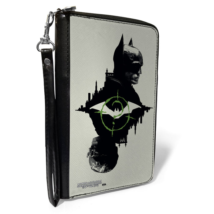 PU Zip Around Wallet Rectangle - The Batman Movie Batman and Riddler Poses and Logos Cityscape Grays Black Green Clutch Zip Around Wallets DC Comics   