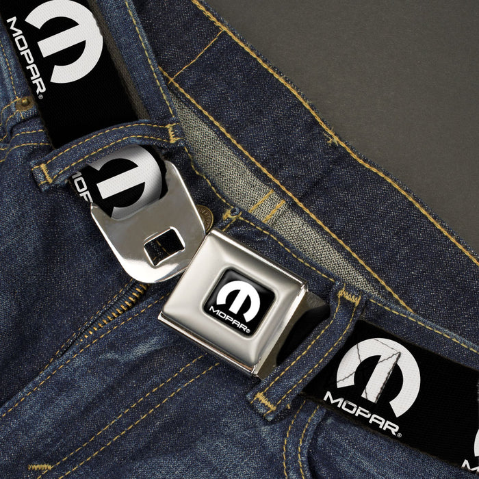 MOPAR Logo Full Color Black/White Seatbelt Belt - MOPAR Logo Repeat Black/White Webbing Seatbelt Belts Mopar   