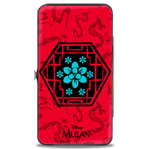 Hinged Wallet - Mulan Flower Lattice Mushu Icons Scattered Reds Black Blue Hinged Wallets Disney   