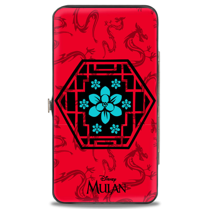 Hinged Wallet - Mulan Flower Lattice Mushu Icons Scattered Reds Black Blue Hinged Wallets Disney   