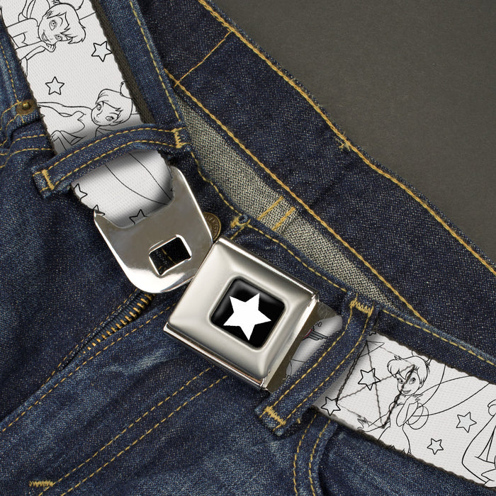 Tinker Bell Star Full Color Black White Seatbelt Belt - Tinker Bell Poses/Stars Outline White/Black Webbing Seatbelt Belts Disney   