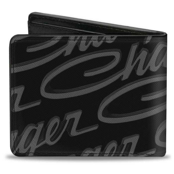 Bi-Fold Wallet - CHARGER Script Emblem Repeat Corner Black Grays White Bi-Fold Wallets Dodge   