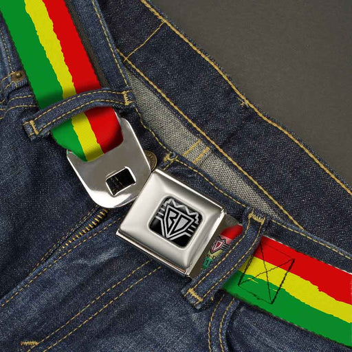 BD Wings Logo CLOSE-UP Full Color Black Silver Seatbelt Belt - Rasta Stripes Painted Green/Yellow/Red Webbing Seatbelt Belts Buckle-Down   