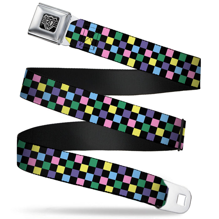 BD Wings Logo CLOSE-UP Full Color Black Silver Seatbelt Belt - Checker Black/Multi Pastel Webbing Seatbelt Belts Buckle-Down   