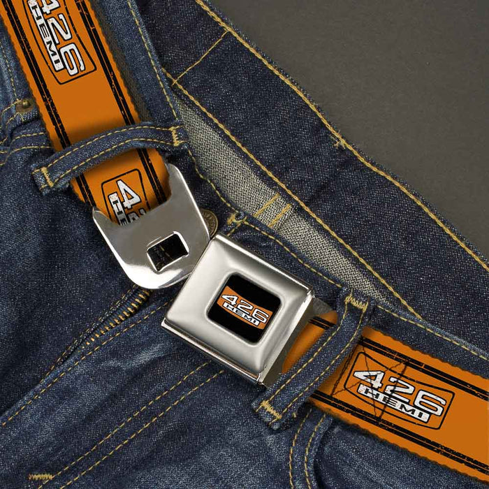 426 HEMI Badge Full Color Black White Orange Seatbelt Belt - 426 HEMI Badge/Stripes Weathered Orange/Black/White Webbing Seatbelt Belts Hemi   