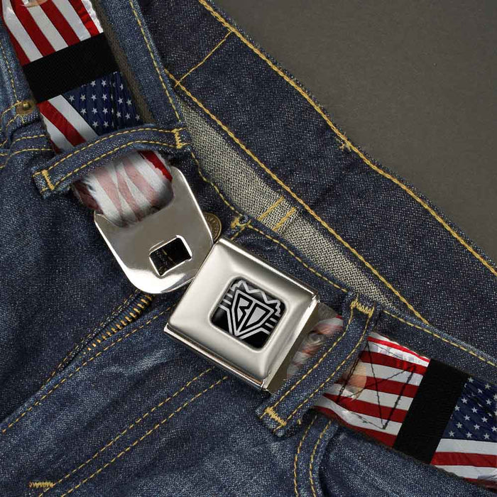 BD Wings Logo CLOSE-UP Full Color Black Silver Seatbelt Belt - American Eagle Flags Webbing Seatbelt Belts Buckle-Down   