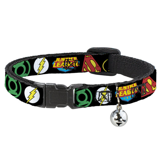 Cat Collar Breakaway - Justice League Superhero Logos CLOSE-UP Black Breakaway Cat Collars DC Comics   
