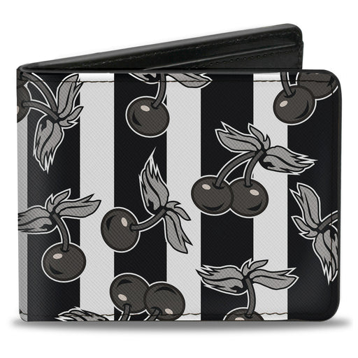 Bi-Fold Wallet - Cherries Scattered Vertical Stripe White Black Grays Bi-Fold Wallets Buckle-Down   