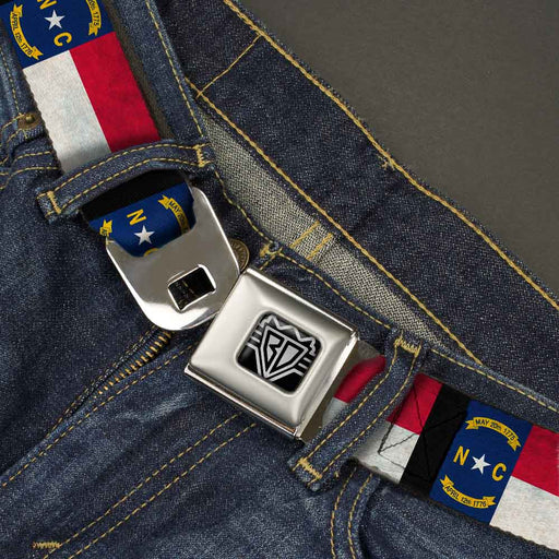 BD Wings Logo CLOSE-UP Full Color Black Silver Seatbelt Belt - North Carolina Flag Distressed/Black Webbing Seatbelt Belts Buckle-Down   