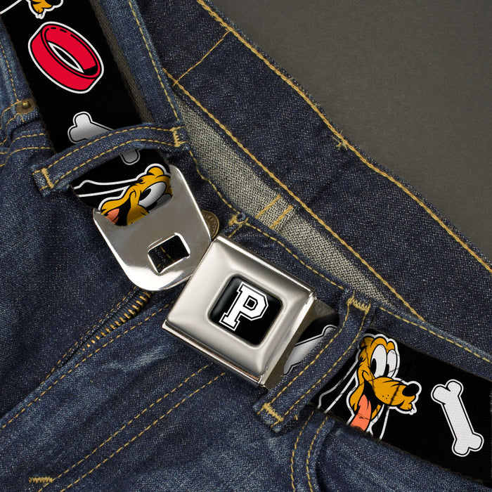 Disney Pluto "P" Logo Full Color Black/White Seatbelt Belt - Disney Pluto Smiling Face/Bone/Collar Black Webbing Seatbelt Belts Disney   