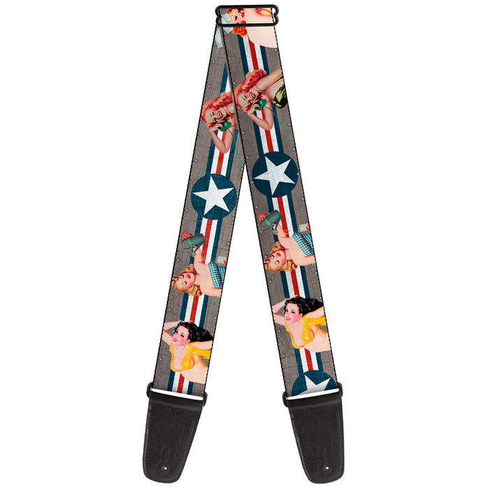 Guitar Strap - Pin Up Girl Poses CLOSE-UP Star & Stripes Gray Blue White Red Guitar Straps Buckle-Down   