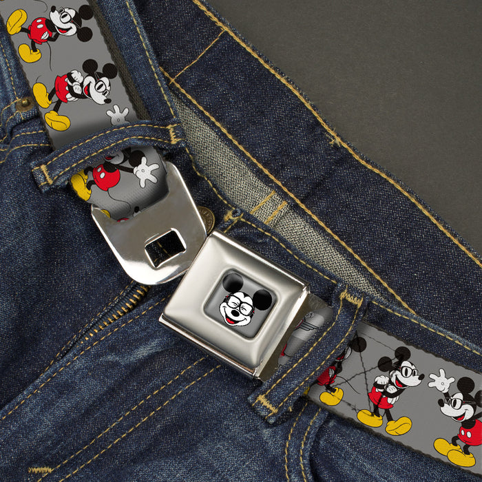 Mickey Mouse w Glasses Full Color Gray Seatbelt Belt - Mickey Mouse w/Glasses Poses Gray Webbing Seatbelt Belts Disney   