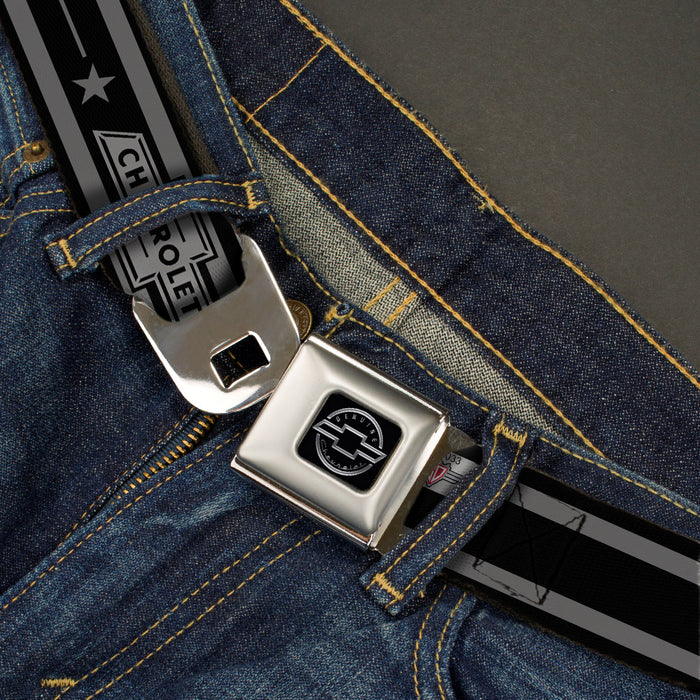 Chevy Seatbelt Belt - Vintage CHEVROLET Bowtie/Stars Stripe Black/Grays (1934 logo) Webbing Seatbelt Belts GM General Motors   