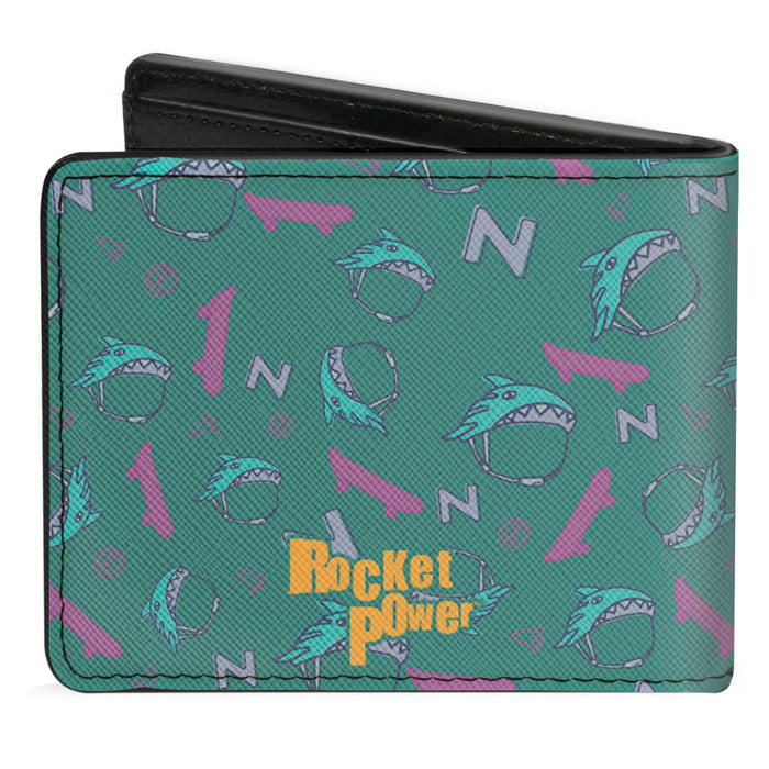Bi-Fold Wallet - ROCKET POWER Sam Skateboard Pose + Text Scattered Icons Blues Purples Gold Bi-Fold Wallets Nickelodeon   