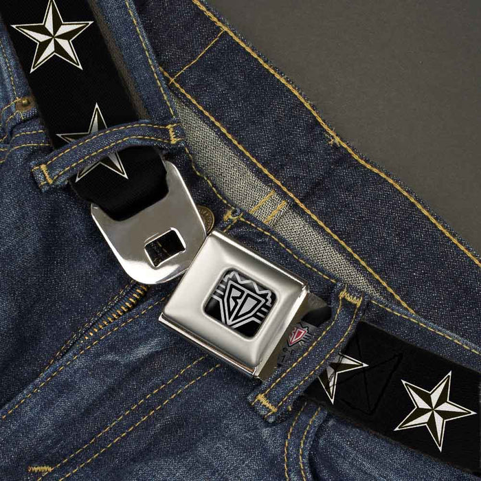 BD Wings Logo CLOSE-UP Full Color Black Silver Seatbelt Belt - Nautical Star Black/White Webbing Seatbelt Belts Buckle-Down   