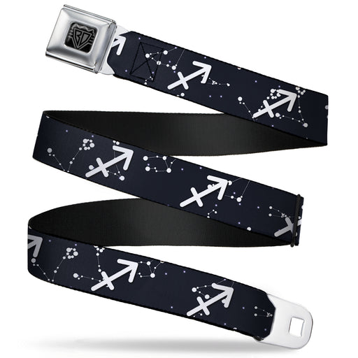 BD Wings Logo CLOSE-UP Full Color Black Silver Seatbelt Belt - Zodiac Sagittarius Symbol/Constellations Black/White Webbing Seatbelt Belts Buckle-Down   