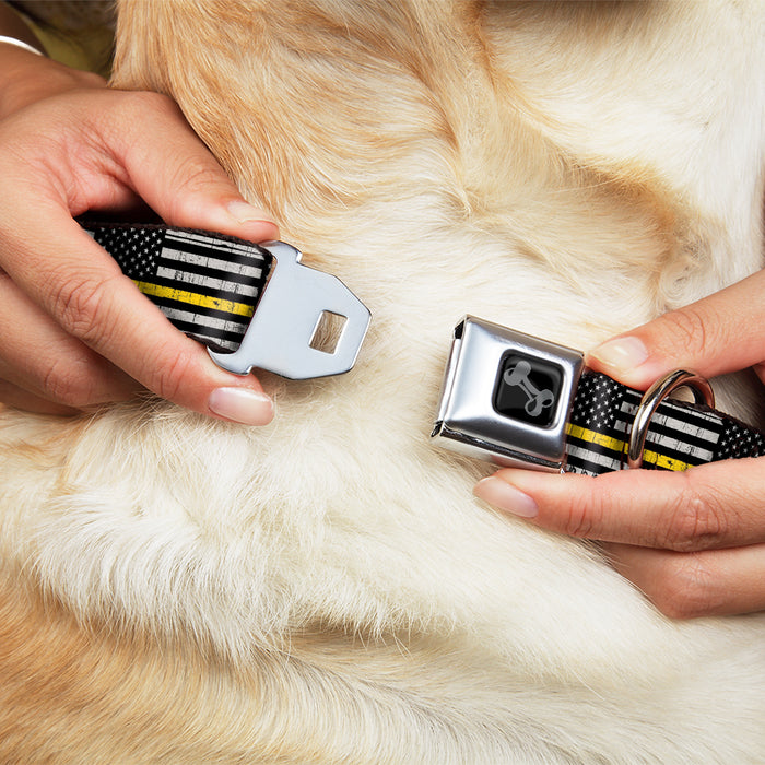 Dog Bone Black/Silver Seatbelt Buckle Collar - Thin Yellow Line Flag Weathered Black/Gray/Yellow Seatbelt Buckle Collars Buckle-Down   