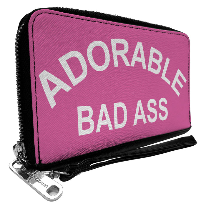 Women's PU Zip Around Wallet Rectangle - ADORABLE BAD ASS Pink White Clutch Zip Around Wallets Buckle-Down   