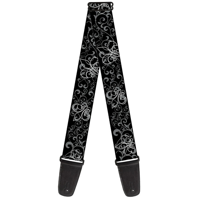 Guitar Strap - Fleur-de-Lis Outline w Filigree Black Gray Guitar Straps Buckle-Down   