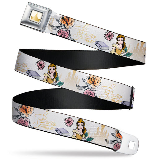 Disney Princess Crown Full Color Golds Seatbelt Belt - Beauty and the Beast Belle Castle Pose with Script and Flowers White/Yellows Webbing Seatbelt Belts Disney   